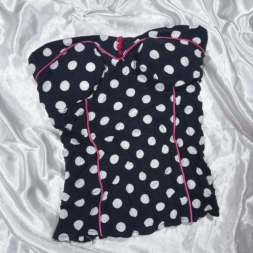 y2k pinup Tube Top Black Good Polka Dot Pink Piping Rose Buttons Sidecca